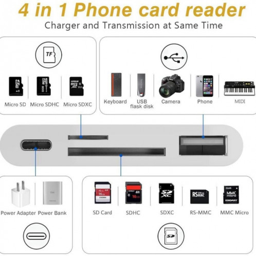 ZS-S1827 Carte SD 4 en 1 + Carte TF + Charge 8 broches + Interface USB vers Adaptateur de lecteur de caméra d'interface 8 broches, Compatible avec IOS 13 SH07761598-011