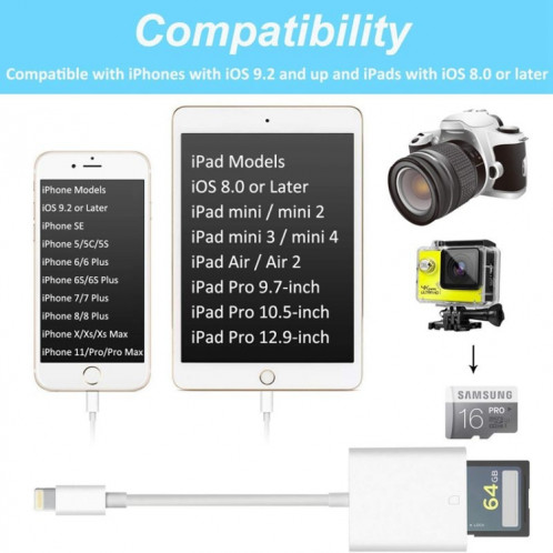 ZS-KL21810 Adaptateur de lecteur de carte caméra 8 broches vers carte SD, compatible avec le système IOS 14 et les versions précédentes SH0812514-014
