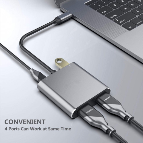 ZS-SG4T1HD2 4-en-1 Type-C vers double port HDMI + USB 3.0 + Port de chargement PD Type-C Adaptateur de station d'accueil HD multifonctionnel (gris) SH001A517-07