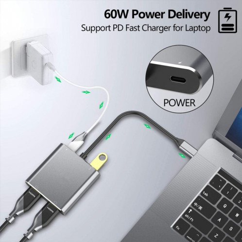 ZS-SG4T1HD2 4-en-1 Type-C vers double port HDMI + USB 3.0 + Port de chargement PD Type-C Adaptateur de station d'accueil HD multifonctionnel (gris) SH001A517-07