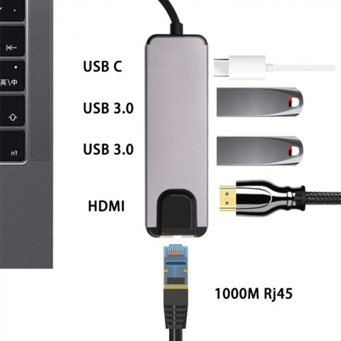 Convertisseur USB-C / Type-C vers HD 4K HDMI + RJ45 + USB 3.0 + USB 2.0 + PD 5 en 1 HUB SH15921648-07
