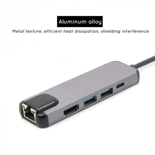 Convertisseur USB-C / Type-C vers HD 4K HDMI + RJ45 + USB 3.0 + USB 2.0 + PD 5 en 1 HUB SH15921648-07