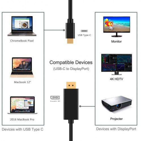 Câble adaptateur DP de connexion 4K 60 Hz Type-C vers DP DisplayPort, longueur du câble: 1,8 m SH17611070-013