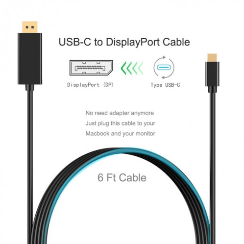 Câble adaptateur DP de connexion 4K 60 Hz Type-C vers DP DisplayPort, longueur du câble: 1,8 m SH17611070-013
