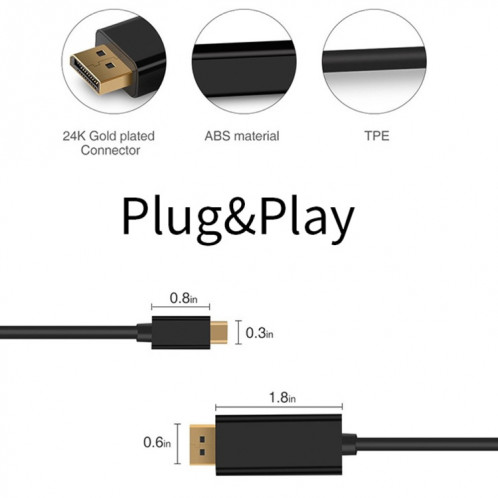 Câble adaptateur DP de connexion 4K 60 Hz Type-C vers DP DisplayPort, longueur du câble: 1,8 m SH17611070-013
