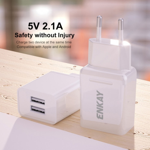 ENKAY Hat-Prince T003-1 10.5W 2.1A double adaptateur secteur chargeur de voyage USB pour Huawei / Xiaomi / Samsung, prise ue SE3706213-06
