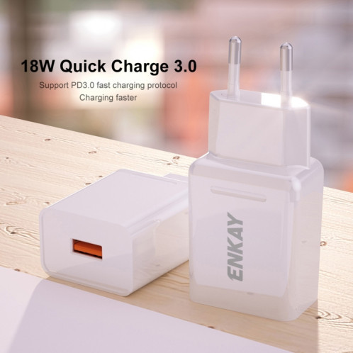 ENKAY Hat-Prince T033 18W 3A QC3.0 adaptateur d'alimentation de charge rapide prise ue chargeur de voyage Portable avec câble 3A 1m 8 broches SE1601471-09