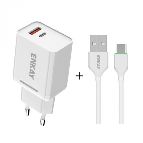 ENKAY Hat-Prince T030 18W 3A PD + QC3.0 double USB adaptateur d'alimentation de charge rapide prise ue chargeur de voyage Portable avec câble de 1m 3A type-c SE18021520-09