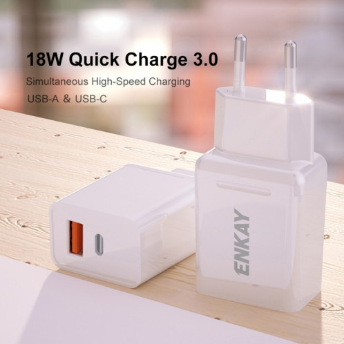 ENKAY Hat-Prince T030 18W 3A PD + QC3.0 double USB adaptateur d'alimentation de charge rapide prise ue chargeur de voyage Portable avec câble de 1m 3A type-c SE18021520-09