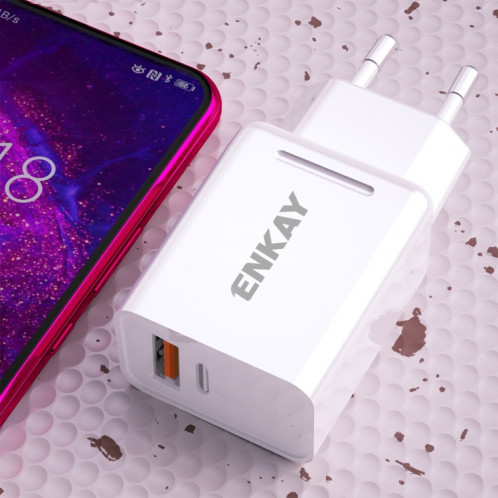 ENKAY Hat-Prince T030 18W 3A PD + QC3.0 double USB adaptateur d'alimentation de charge rapide prise ue chargeur de voyage portable avec câble Micro USB 1m 3A SE18031661-09