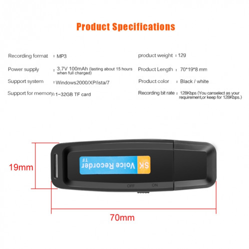 SK001 Professionnel Rechargeable U-Disque U-Disque Portable USB Digital Audio Voice Recorder Prise en charge de la carte TF jusqu'à 32 Go Dictaphone Flash Drive (Noir) SH201A1651-08