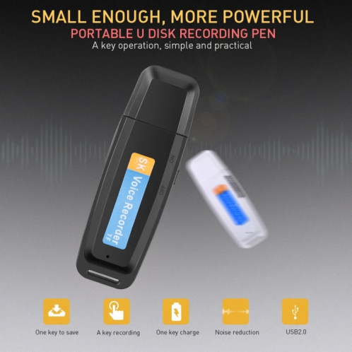 SK001 Professionnel Rechargeable U-Disque U-Disque Portable USB Digital Audio Voice Recorder Prise en charge de la carte TF jusqu'à 32 Go Dictaphone Flash Drive (Noir) SH201A1651-08