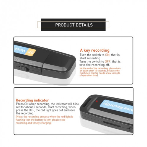 SK001 Professionnel Rechargeable U-Disque U-Disque Portable USB Digital Audio Voice Recorder Prise en charge de la carte TF jusqu'à 32 Go Dictaphone Flash Drive (Noir) SH201A1651-08