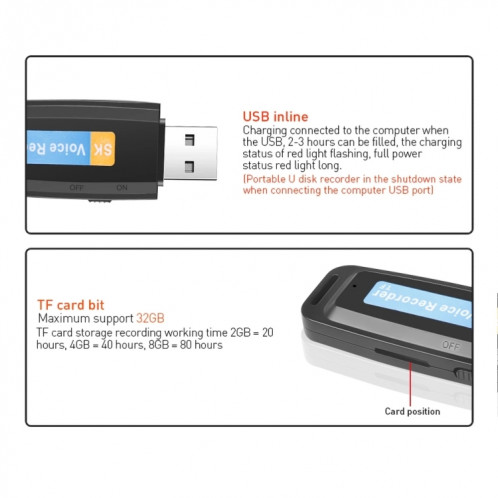 SK001 Professionnel Rechargeable U-Disque U-Disque Portable USB Digital Audio Voice Recorder Prise en charge de la carte TF jusqu'à 32 Go Dictaphone Flash Drive (Noir) SH201A1651-08
