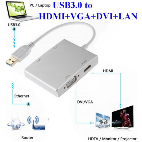 WS-03 4 en 1 USB 3.0 sur VGA + HDMI + DVI + RJ45 Carte réseau Convertisseur Ethernet SH50501843-05