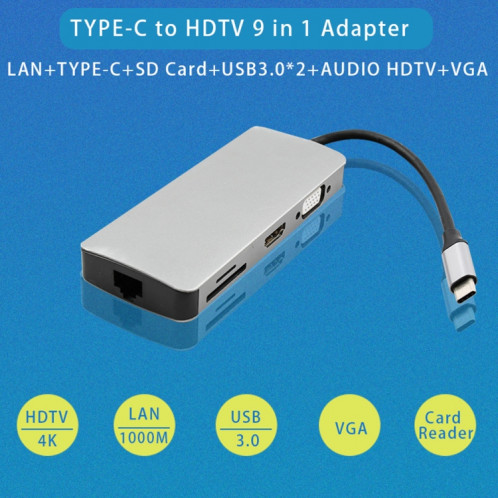 WS-06 9 en 1 Type-C à RJ45 + VGA + PD + HDMI + SD + TF + AUDIO 3.5MM + 2 x Adaptateur hub USB3.0 SH5061685-06