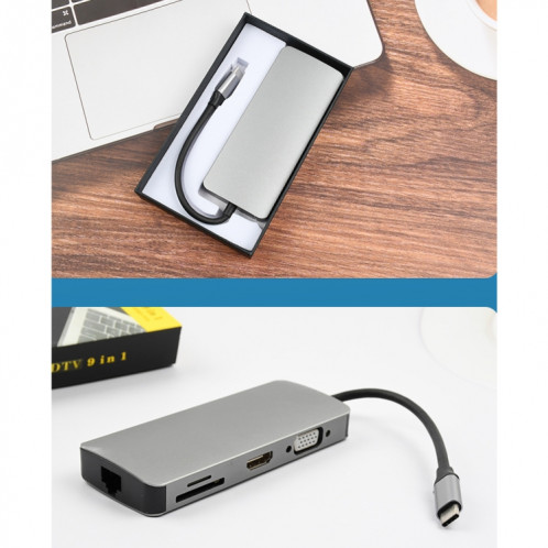WS-06 9 en 1 Type-C à RJ45 + VGA + PD + HDMI + SD + TF + AUDIO 3.5MM + 2 x Adaptateur hub USB3.0 SH5061685-06