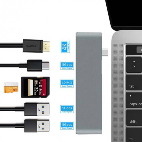 WS-15 6 en 1 Type-C à HDMI + USB 3.0 x 2 + SD + TF + pd hub convertisseur SH50711373-06
