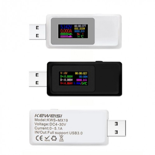 Testeur USB Keweisi KWS-MX19 DC 4V-30V 0-5A Détecteur de tension de courant (noir) SH001A1655-05