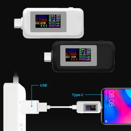 KWS-1902C Type de couleur C Testeur USB MONITEUR DE TENSION DE TENSION DE TENSION DE TENSEUR DE POWER MOBILE DE BATTERIE DE BAITE DE BAITE DE BAISON (Noir) SH501A1458-05