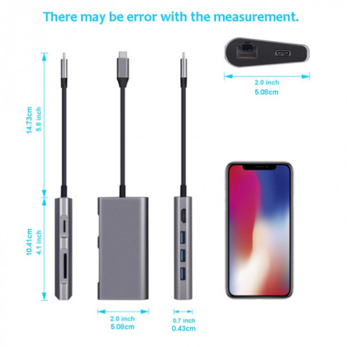 8 en 1 Type-C à HDMI + USB 3.0 x 3 + RJ45 + PD + SD / TF Adaptateur hub SH54561623-05