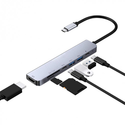 7 en 1 Type-C à HDMI + SD / TF + 2 x Type-C + 2 x Adaptateur séparateur multifonctions multi-fonctions USB3.0 SH5457377-06