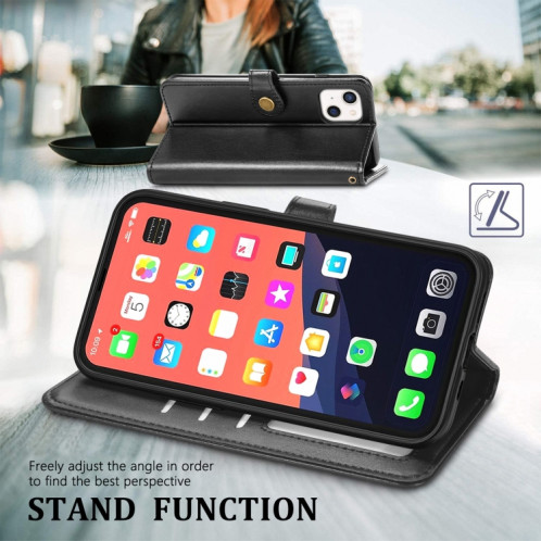 Pour iPhone 13 Coloration solide Coating Buckle Boucle Boîte de téléphone avec lanière et cadre photo Slot & Card Slot & Wallet & Stand Fonction (Noir) SH803A629-07