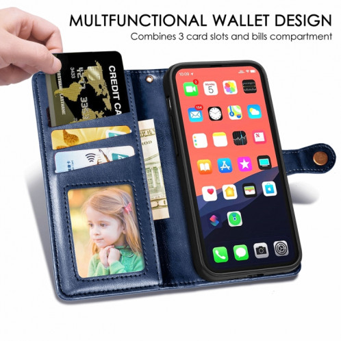 Pour iPhone 13 Coloration solide Coque Boucle à boucle de téléphone avec lanière et cadre photo Slot & Portefeuille et fonction de portefeuille (bleu) SH803C775-07