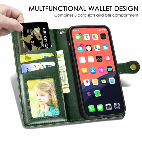 Pour iPhone 13 Couleur Solid Color Coat Buckle Téléphone avec lanière et cadre photo Slot & Carte Slot & Wallet & Stand Fonction (Vert) SH803D1025-07