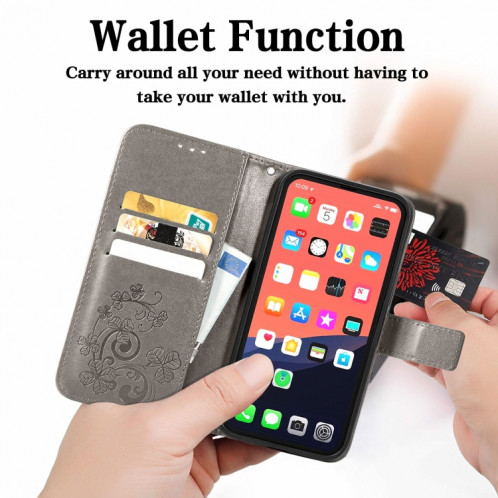 Pour l'iPhone 13 pro Fonds de trèfle à quatre feuilles Boucle en relief Boucle de protection mobile Housse de protection de téléphone portable avec lanière et fente de cartes et portefeuille et support de SH902D1891-07