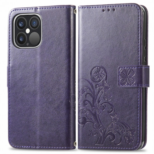 Pour iPhone 13 pro Fonds de trèfle à quatre feuilles Boucle en relief Boucle de protection mobile Cas de protection de téléphone portable avec lanière et fente de carte et portefeuille et support (violet) SH902E1356-07