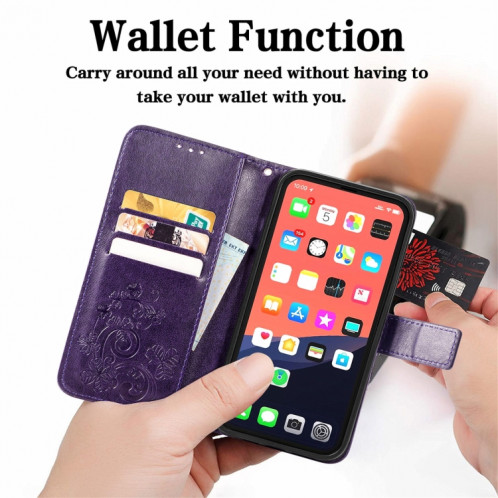 Pour iPhone 13 pro Fonds de trèfle à quatre feuilles Boucle en relief Boucle de protection mobile Cas de protection de téléphone portable avec lanière et fente de carte et portefeuille et support (violet) SH902E1356-07