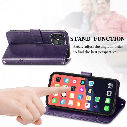 Pour iPhone 13 pro Fonds de trèfle à quatre feuilles Boucle en relief Boucle de protection mobile Cas de protection de téléphone portable avec lanière et fente de carte et portefeuille et support (violet) SH902E1356-07