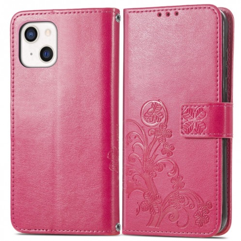 Pour iPhone 13 Fermoir au trèfle à quatre feuilles Boucle en relief Boucle mobile Protection de téléphone portable Coque en cuir avec lanière et fente de cartes et de portefeuille et de support (magenta) SH903A284-07