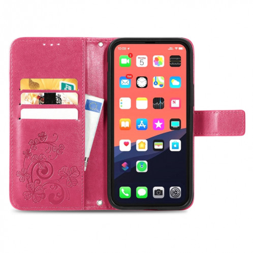 Pour iPhone 13 Fermoir au trèfle à quatre feuilles Boucle en relief Boucle mobile Protection de téléphone portable Coque en cuir avec lanière et fente de cartes et de portefeuille et de support (magenta) SH903A284-07