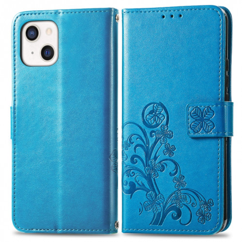 Pour iPhone 13 Fermoir au trèfle à quatre feuilles Boucle en relief Boucle de protection mobile Housse en cuir de protection de téléphone avec lanière et fente de carte et portefeuille et support (bleu) SH903C798-07