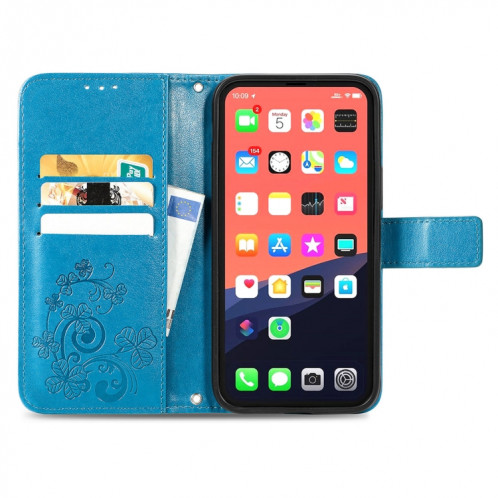 Pour iPhone 13 Fermoir au trèfle à quatre feuilles Boucle en relief Boucle de protection mobile Housse en cuir de protection de téléphone avec lanière et fente de carte et portefeuille et support (bleu) SH903C798-07