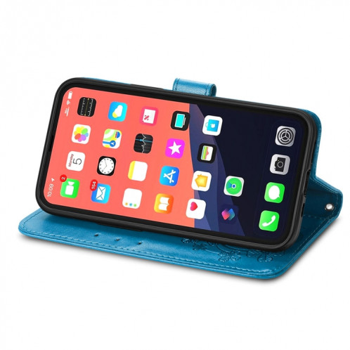 Pour iPhone 13 Fermoir au trèfle à quatre feuilles Boucle en relief Boucle de protection mobile Housse en cuir de protection de téléphone avec lanière et fente de carte et portefeuille et support (bleu) SH903C798-07