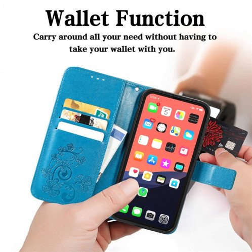 Pour iPhone 13 Fermoir au trèfle à quatre feuilles Boucle en relief Boucle de protection mobile Housse en cuir de protection de téléphone avec lanière et fente de carte et portefeuille et support (bleu) SH903C798-07
