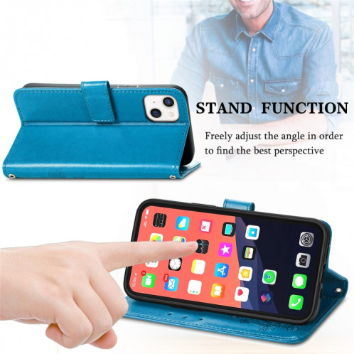 Pour iPhone 13 Fermoir au trèfle à quatre feuilles Boucle en relief Boucle de protection mobile Housse en cuir de protection de téléphone avec lanière et fente de carte et portefeuille et support (bleu) SH903C798-07