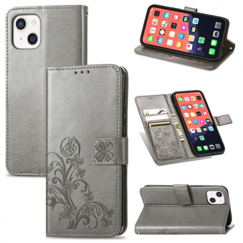 Pour iPhone 13 Fermoir au trèfle à quatre feuilles Boucle en relief de protection mobile Cas de protection de téléphone portable avec lanière et fente de carte et portefeuille et support de portefeuille (gris) SH903D1347-07