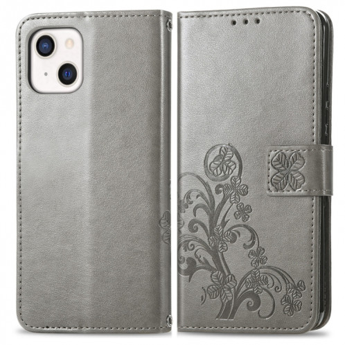 Pour iPhone 13 Fermoir au trèfle à quatre feuilles Boucle en relief de protection mobile Cas de protection de téléphone portable avec lanière et fente de carte et portefeuille et support de portefeuille (gris) SH903D1347-07