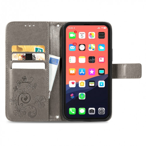 Pour iPhone 13 Fermoir au trèfle à quatre feuilles Boucle en relief de protection mobile Cas de protection de téléphone portable avec lanière et fente de carte et portefeuille et support de portefeuille (gris) SH903D1347-07