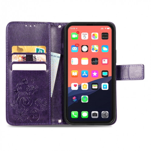 Pour iPhone 13 Fermoir au trèfle à quatre feuilles Boucle en relief Boucle mobile Protection de téléphone portable Coque en cuir avec lanière et fente de carte et portefeuille et support de portefeuille (violet) SH903E920-07