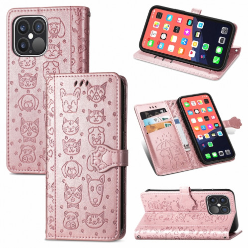 Étui en cuir horizontal horizontal de chat et de chien mignon avec support et portefeuille et portefeuille pour iPhone 13 Pro (Rose Gold) SH002B1203-07