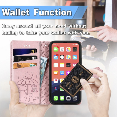 Étui en cuir horizontal horizontal de chat et de chien mignon avec support et portefeuille et portefeuille pour iPhone 13 Pro (Rose Gold) SH002B1203-07