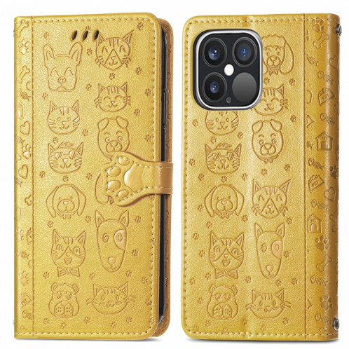 Étui de cuir horizontal horizontal de chat et de chien mignon avec support & carte Slots & Portefeuille et longe pour iPhone 13 Pro (Jaune) SH002E358-07