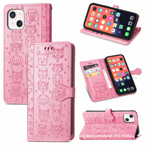 Étui de cuir horizontal horizontal de chat et de chien mignon avec support et portefeuille et portefeuille pour iPhone 13 (rose) SH003A1793-07