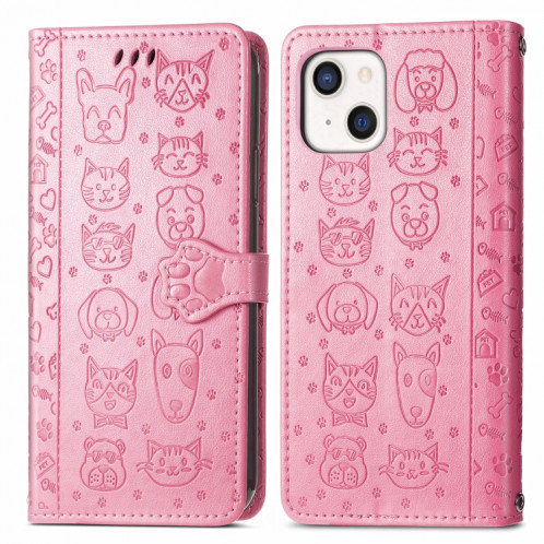 Étui de cuir horizontal horizontal de chat et de chien mignon avec support et portefeuille et portefeuille pour iPhone 13 (rose) SH003A1793-07