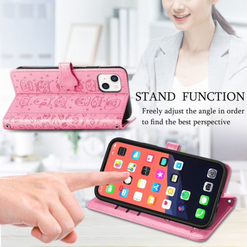 Étui de cuir horizontal horizontal de chat et de chien mignon avec support et portefeuille et portefeuille pour iPhone 13 (rose) SH003A1793-07